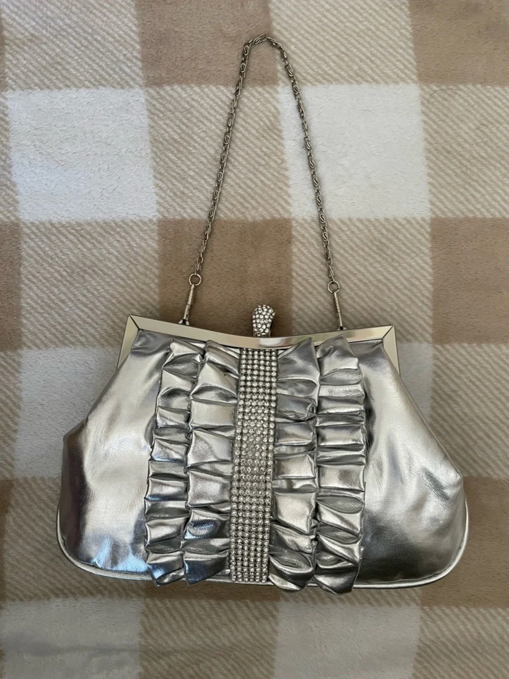 Silver Ruffled Crystal-Embellished Women's Clutch 6X9 inches